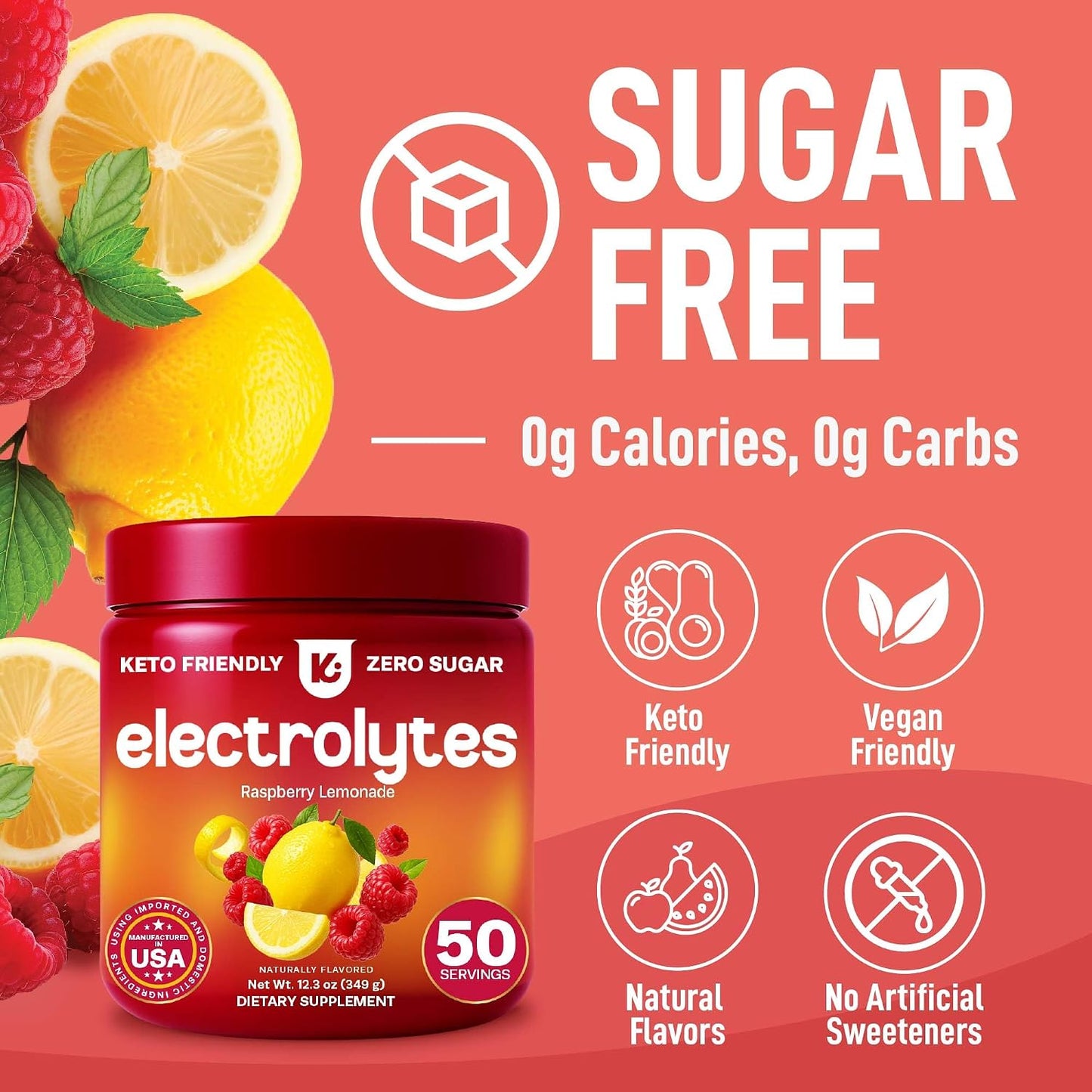 Electrolytes Powder – Raspberry Lemonade Flavor 50 Servings – No Sugar Hydration Supplement with Magnesium, Potassium, Sodium – Keto, Vegan, Fasting-Friendly, Zero Calorie Electrolyte Drink